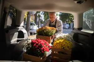 Homem que trabalha com jardinagem inserindo flores no porta-malas do carro utilitáriopara transporte